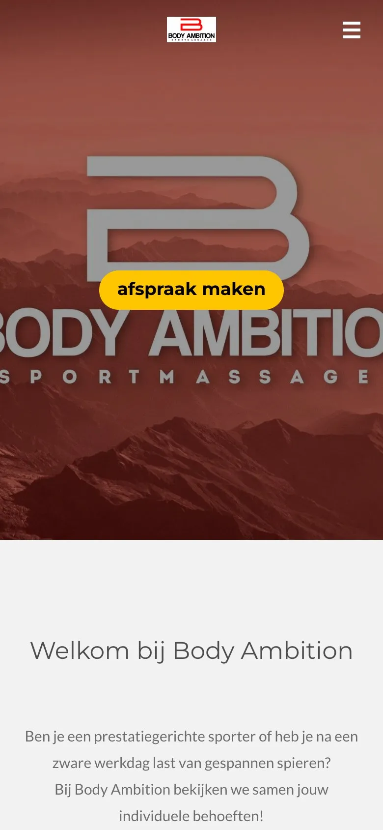 De huidige website op een smartphone: het logo op een rode bergfoto, half buiten beeld, met een gele knop erover